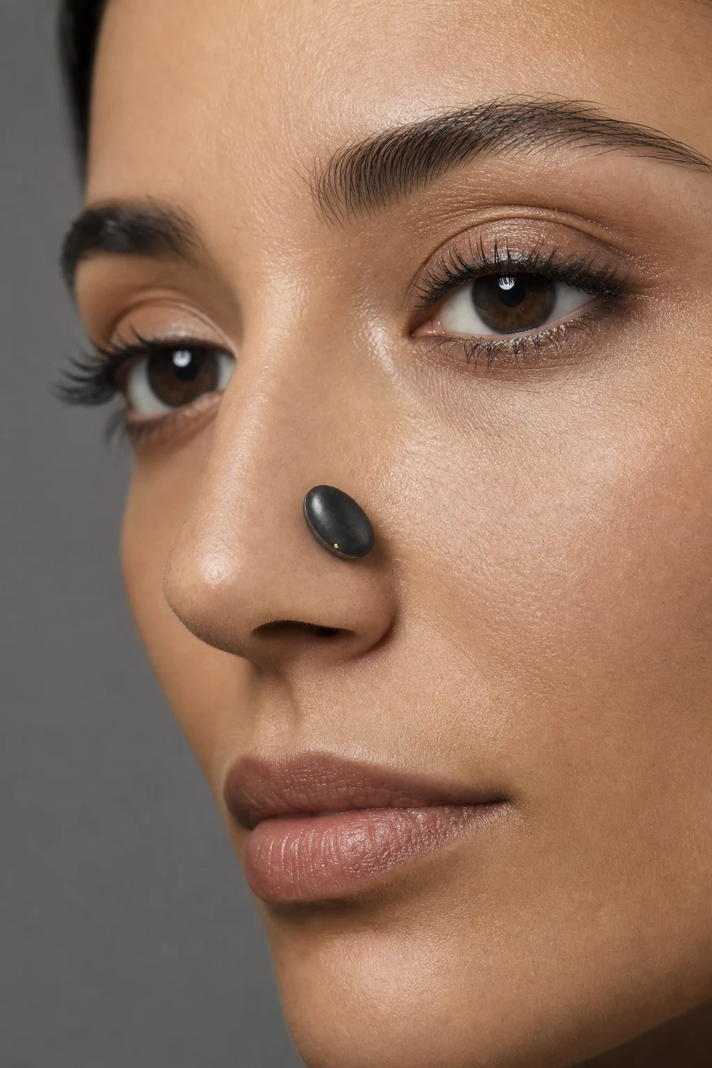 A person wearing a graphite ThoughtOps stone beside the nose